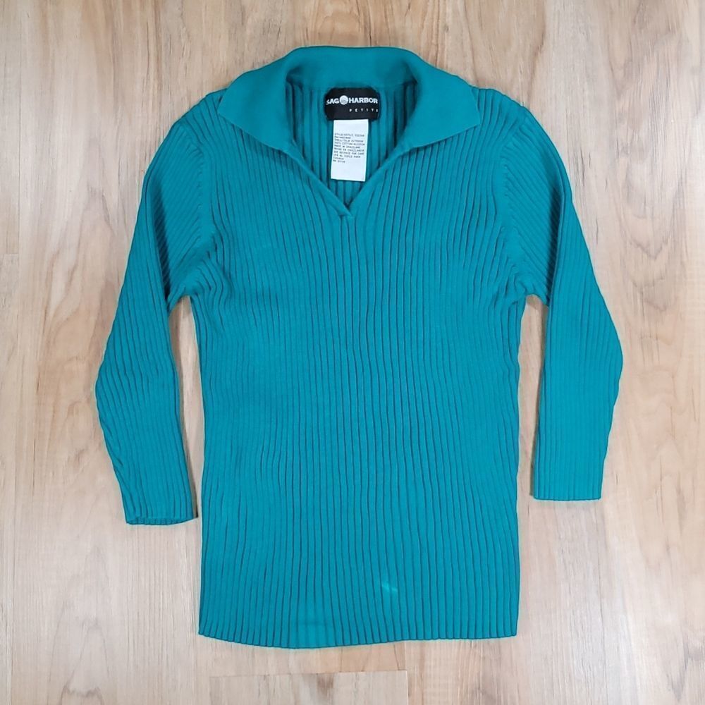 🔺️Vintage Sag Harbor Teal Ribbed 3/4 Sleeve Collared Sweater Top Petite Medium